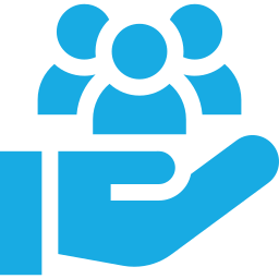 Icono azul de una mano sosteniendo a tres personas, simbolizando apoyo o cuidado comunitario.
