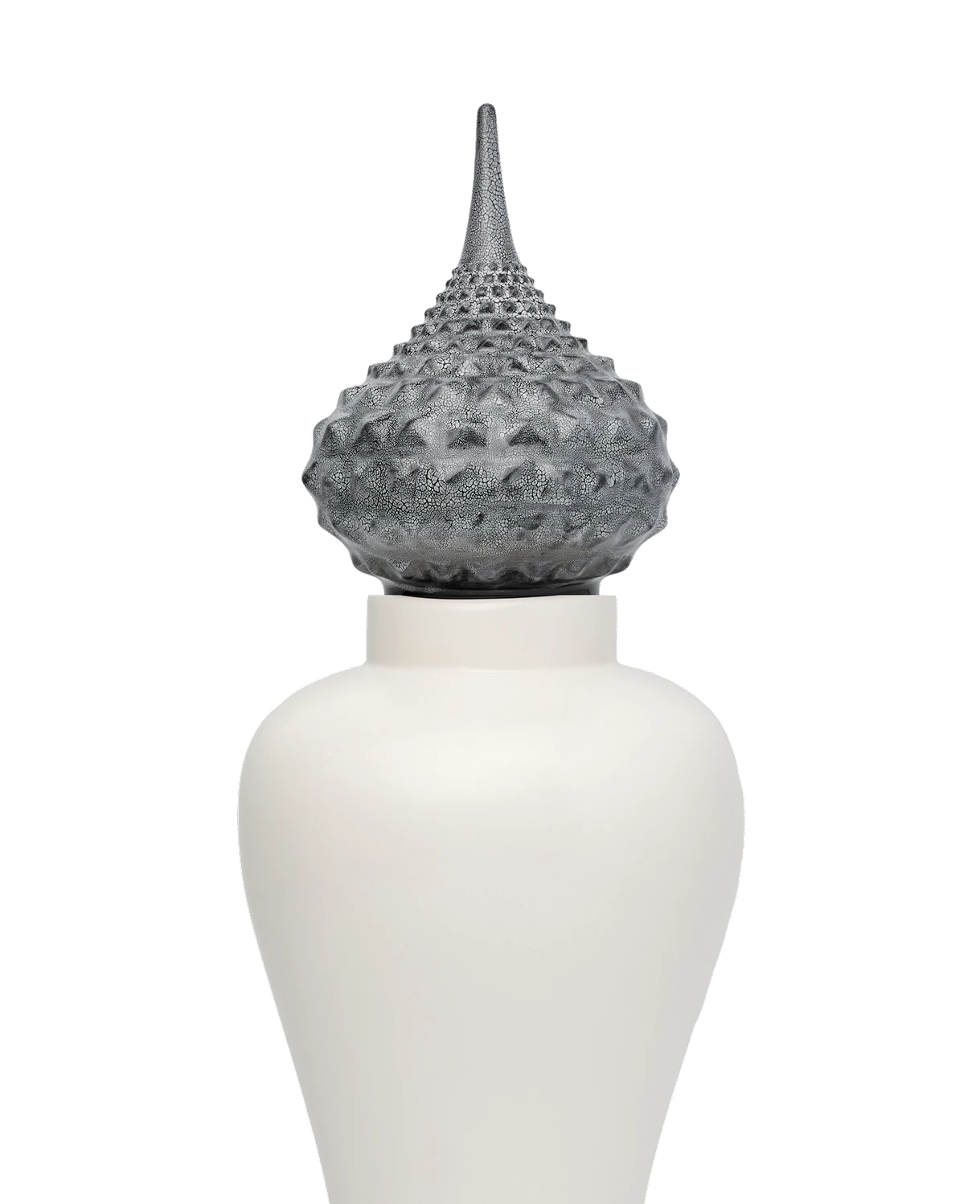 Tall white ceramic vase with a textured, dark gray, pointed lid featuring a cracked pattern.