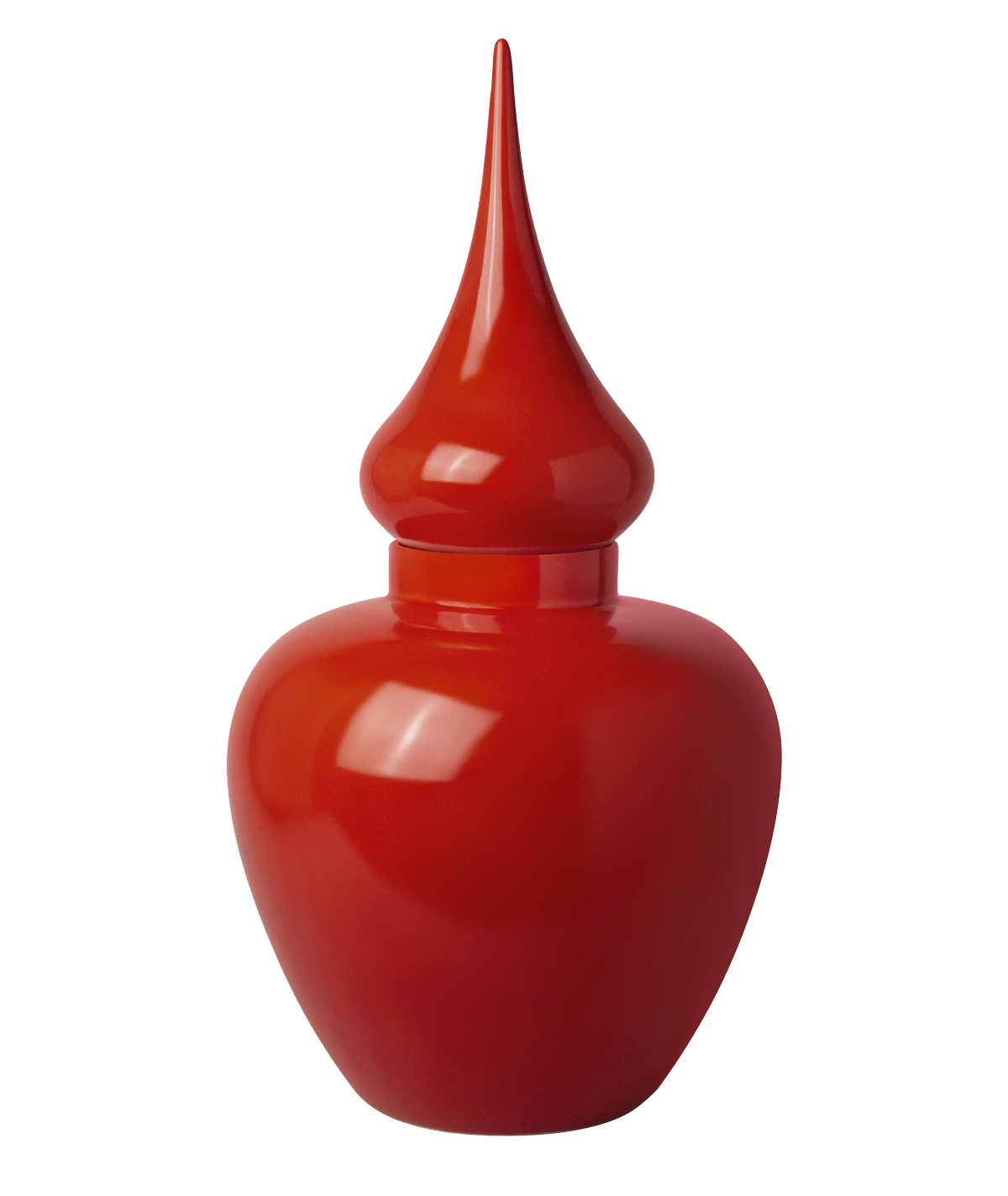 Glossy red ceramic jar with a tall pointed lid.