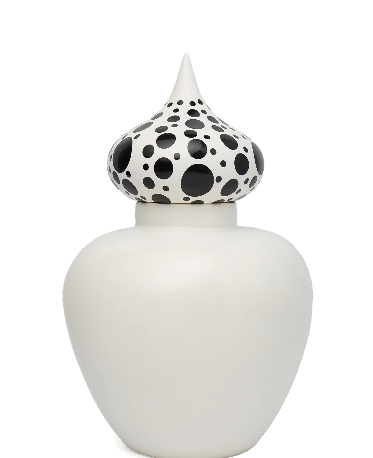 White ceramic jar with a pointed lid decorated with black polka dots of varying sizes.