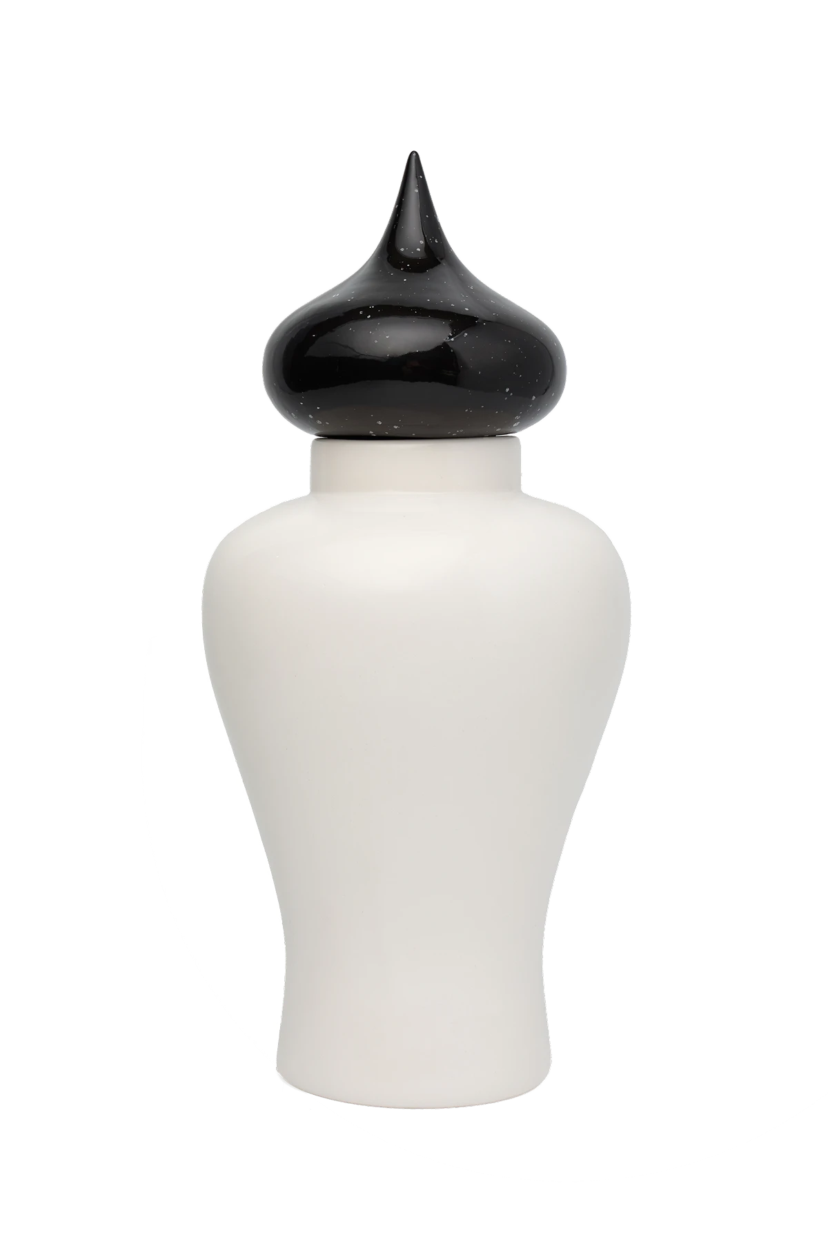 White ceramic vase with a bulbous body and a glossy black pointed lid.