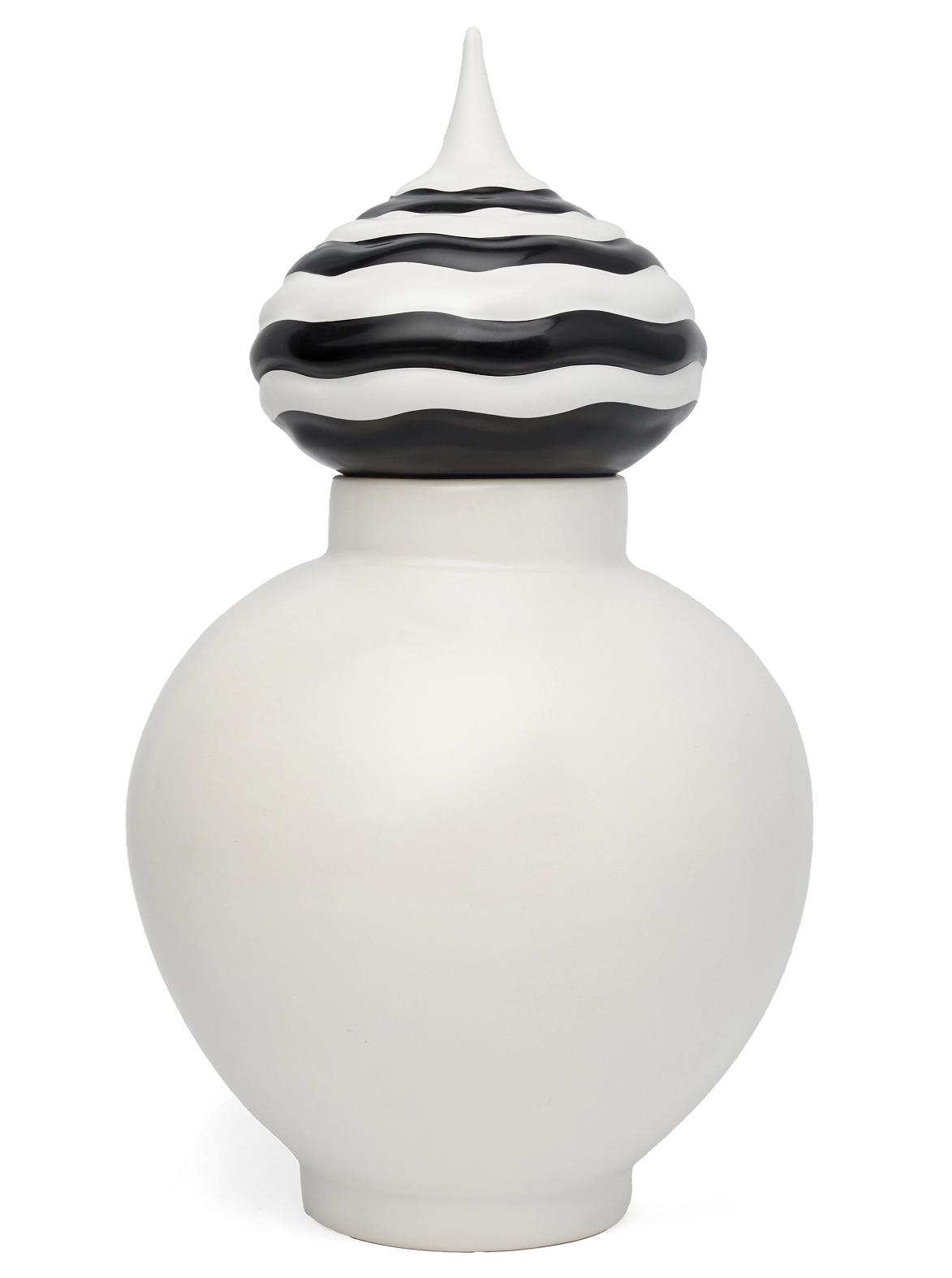 White rounded ceramic jar with a black and white wavy striped pointed lid.
