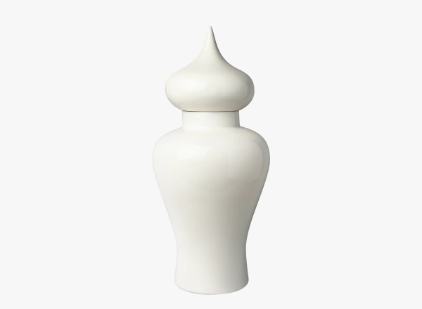 White ceramic jar with a curved body and a pointed lid on a light background.