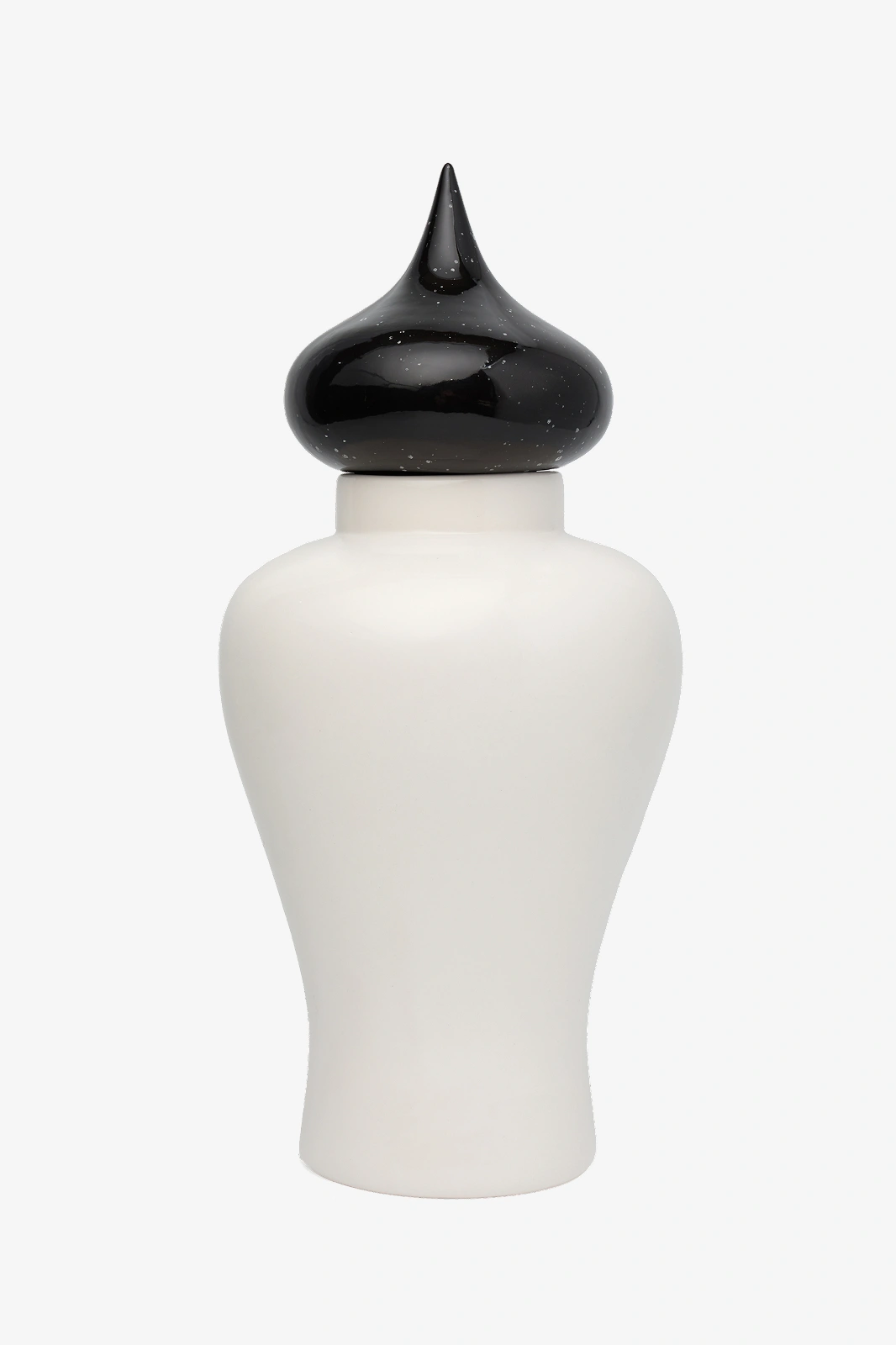 White ceramic vase with a bulbous body and a glossy black, pointed lid with small white speckles.