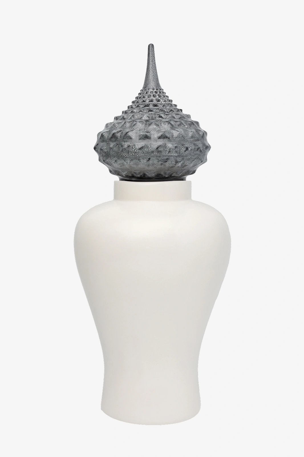 White ceramic jar with a textured metallic silver lid featuring a pointed top.