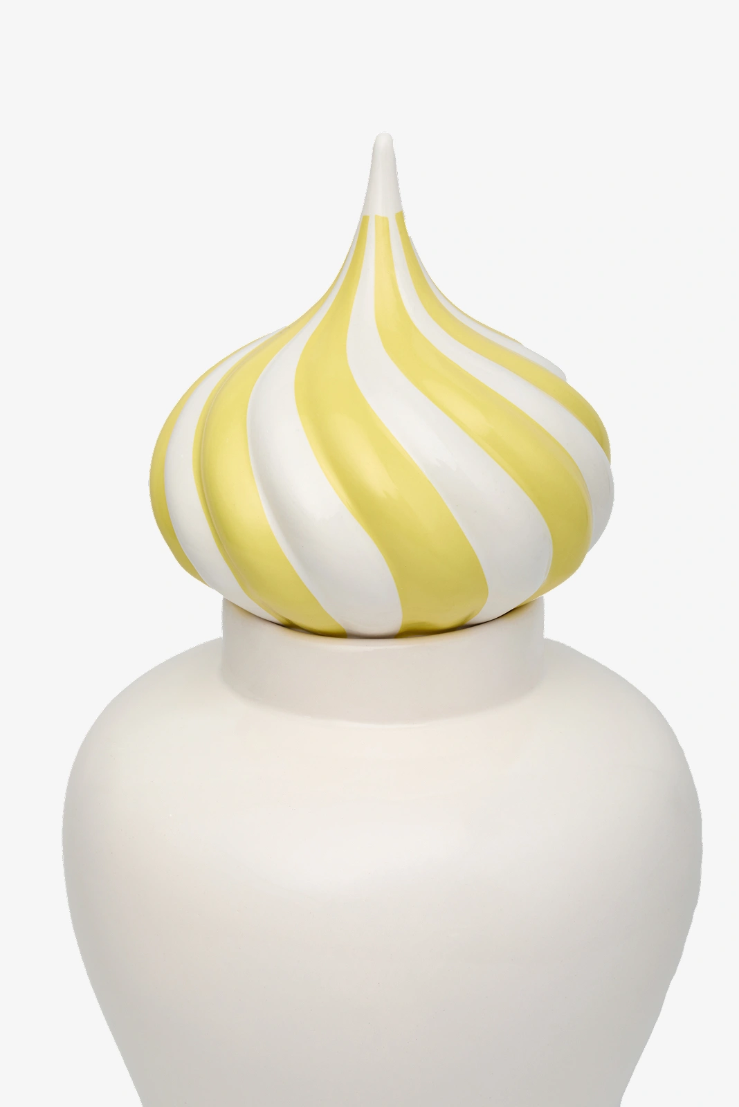 White ceramic jar with a lid featuring a yellow and white swirled pattern resembling a meringue shape.