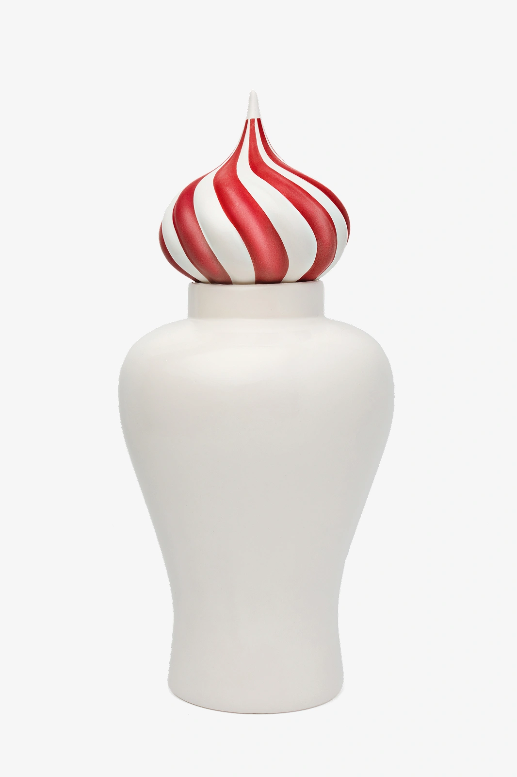 White ceramic vase with a lid featuring red and white twisted stripes resembling a peppermint candy.