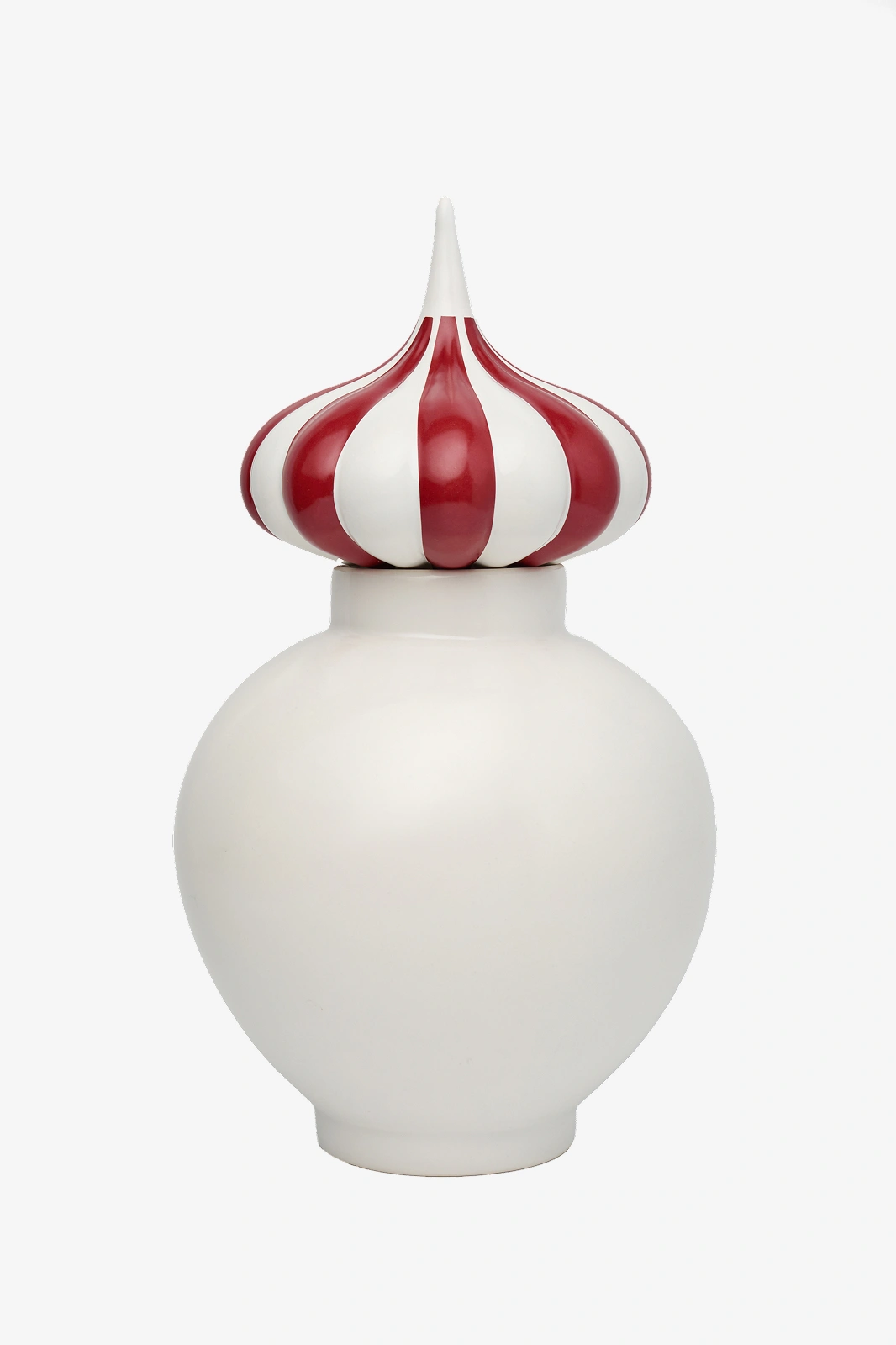 White vase with a rounded body and a lid shaped like a red and white striped onion dome.