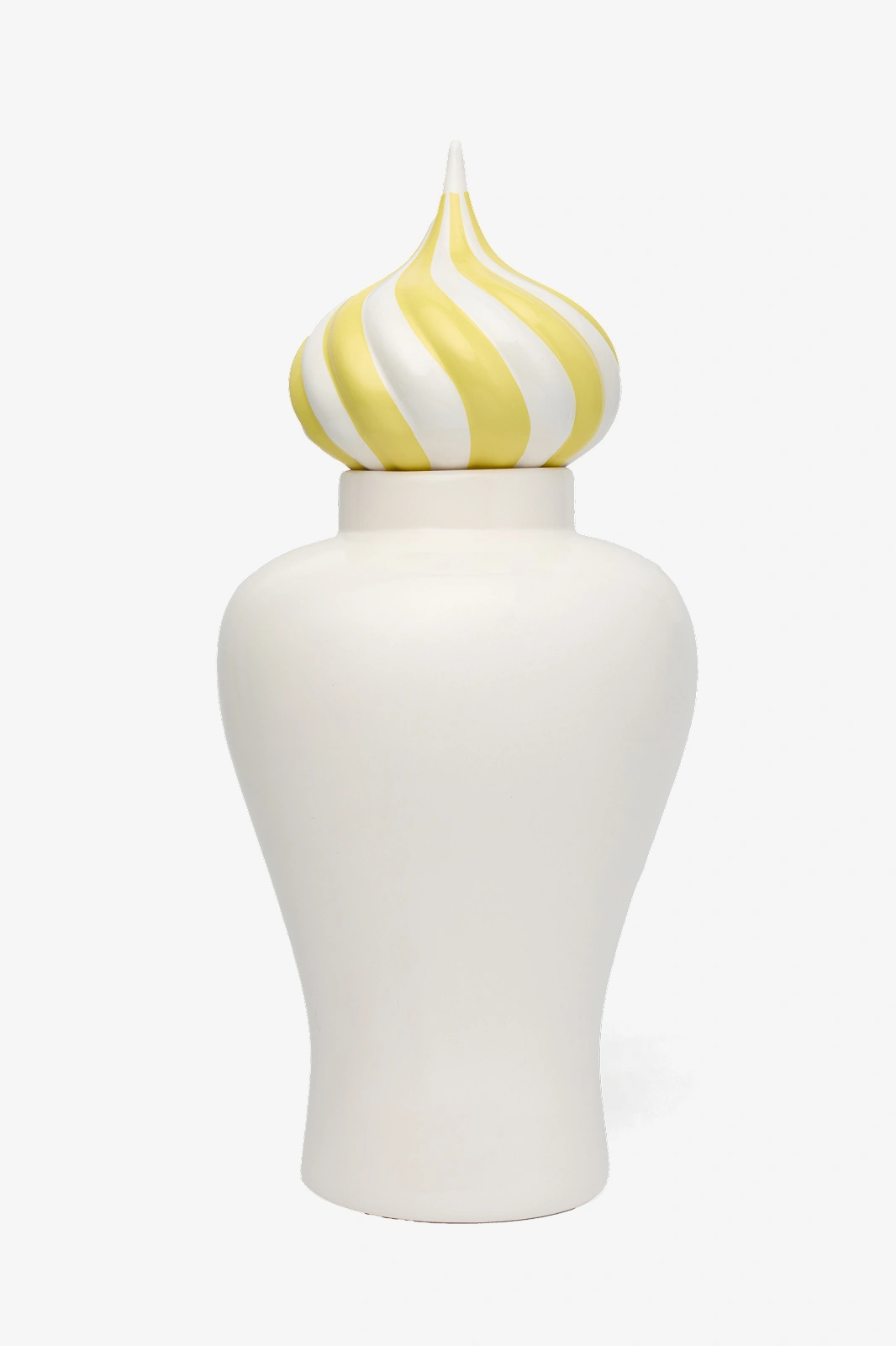 White ceramic jar with a yellow and white striped pointed lid.