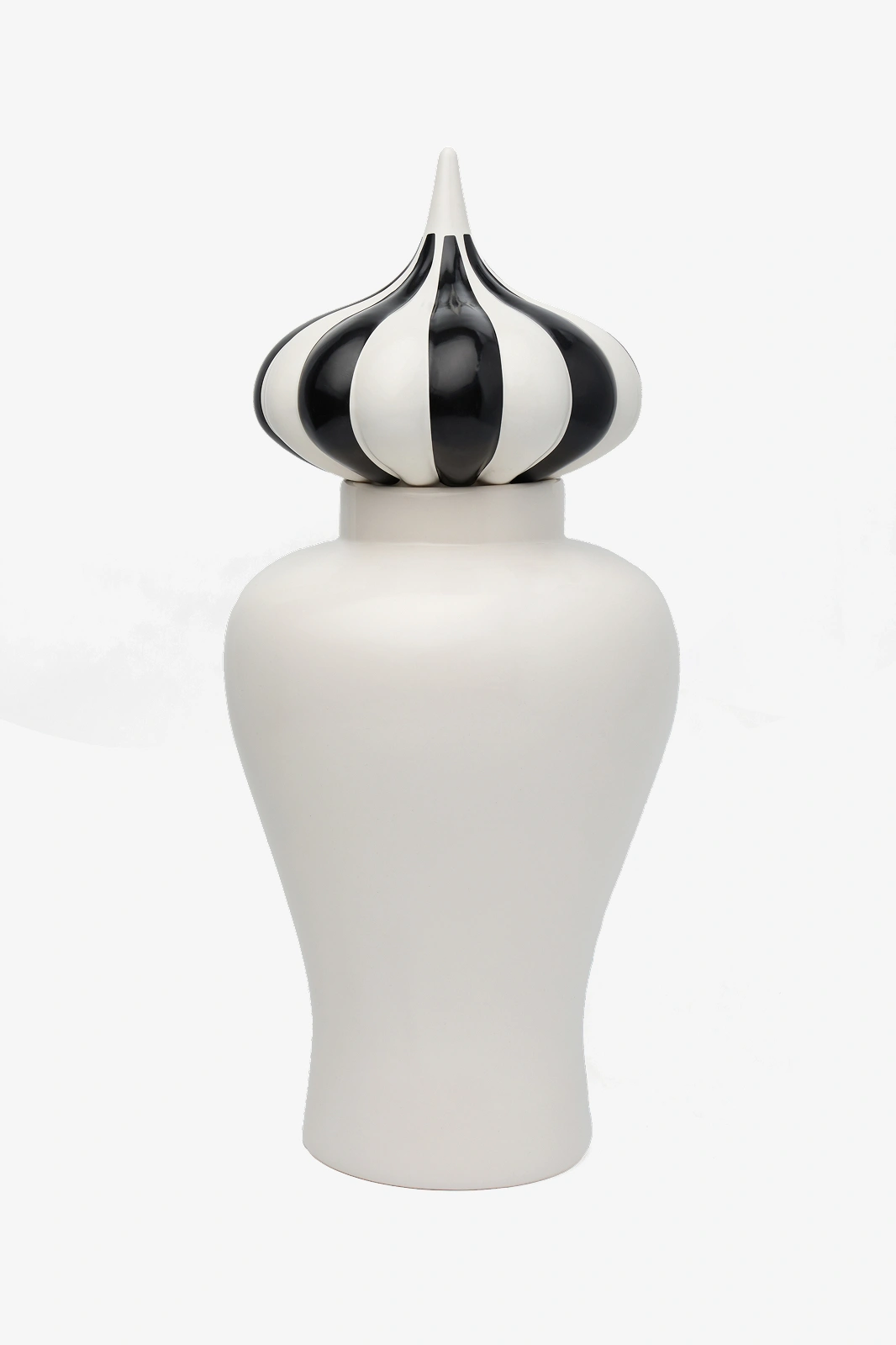 White ceramic vase with a black and white striped, onion-shaped lid.