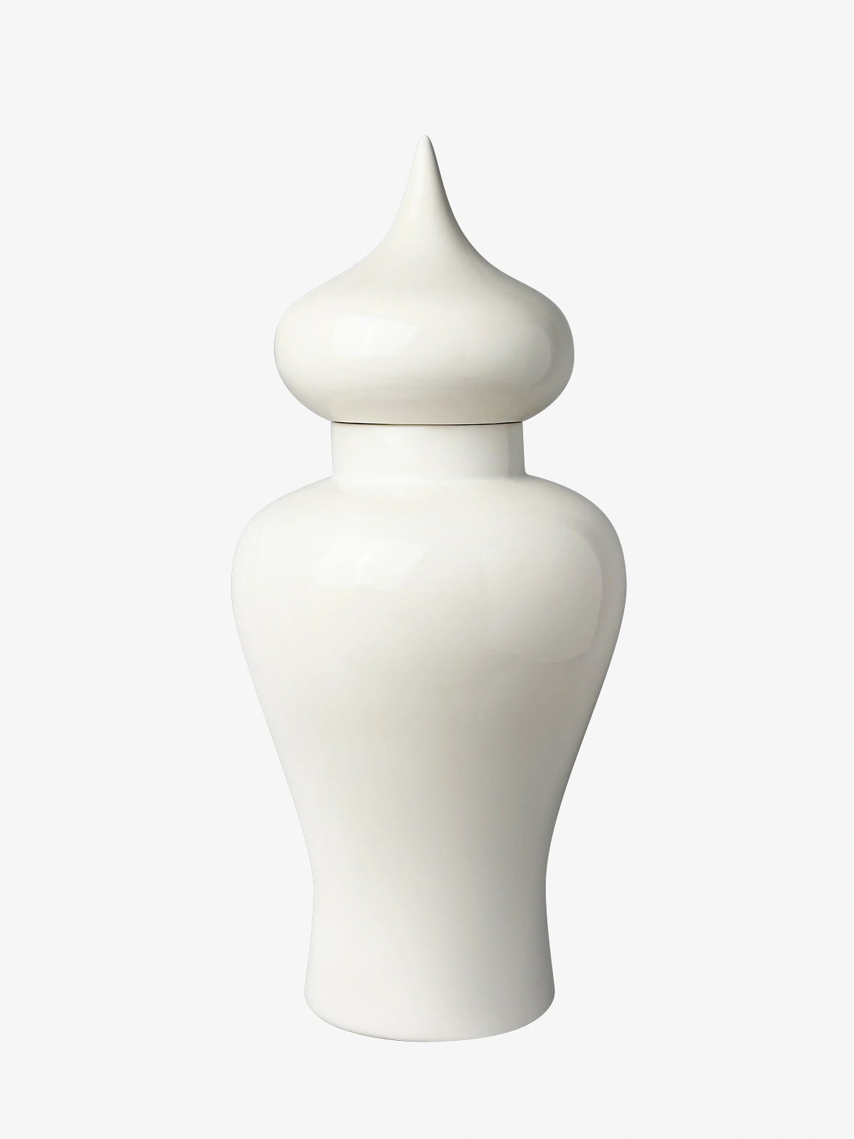 Glossy white ceramic ginger jar with a pointed, bulbous lid on a plain white background.