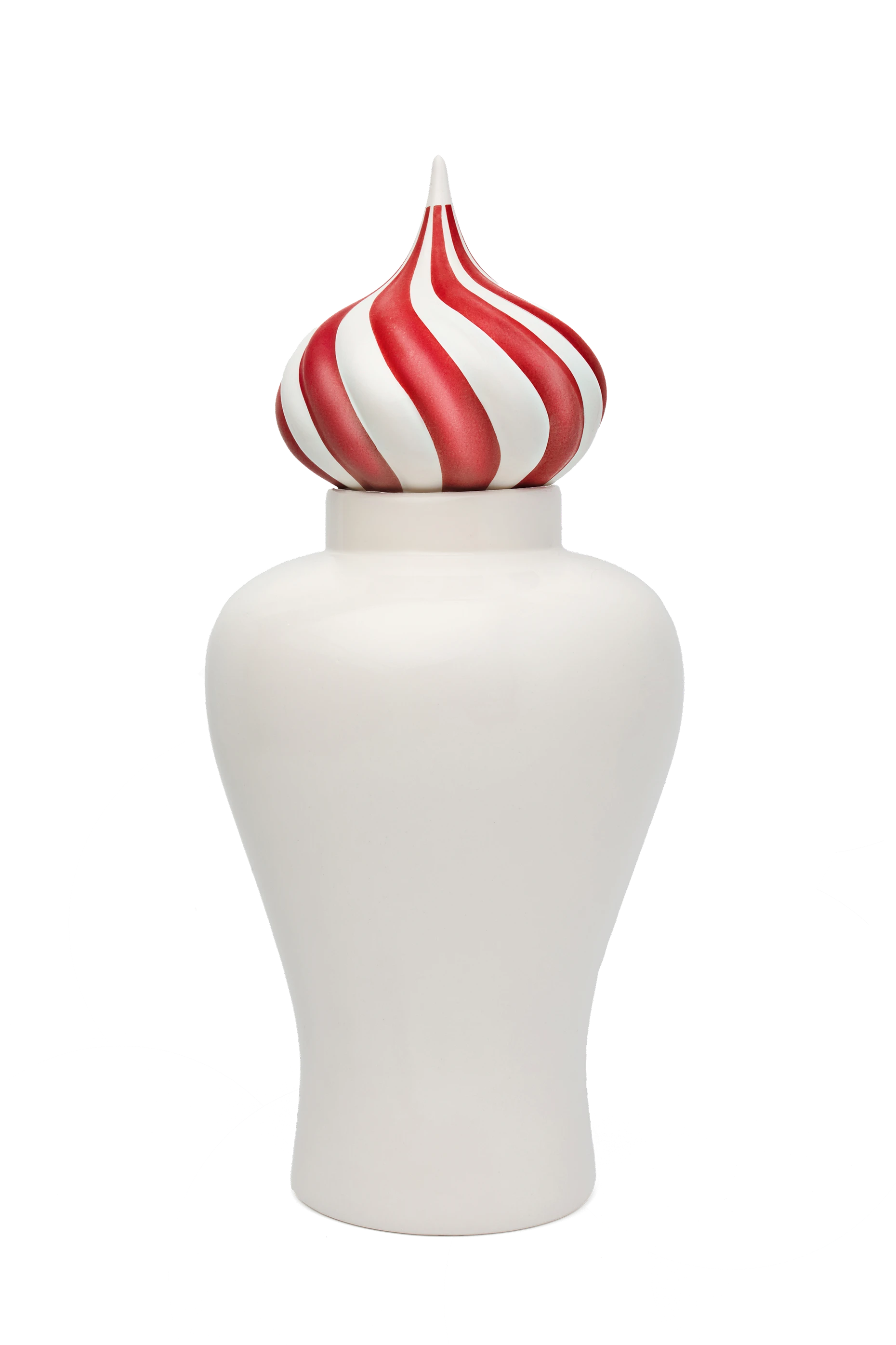 White vase with a lid featuring a red and white twisted peppermint candy design on top.