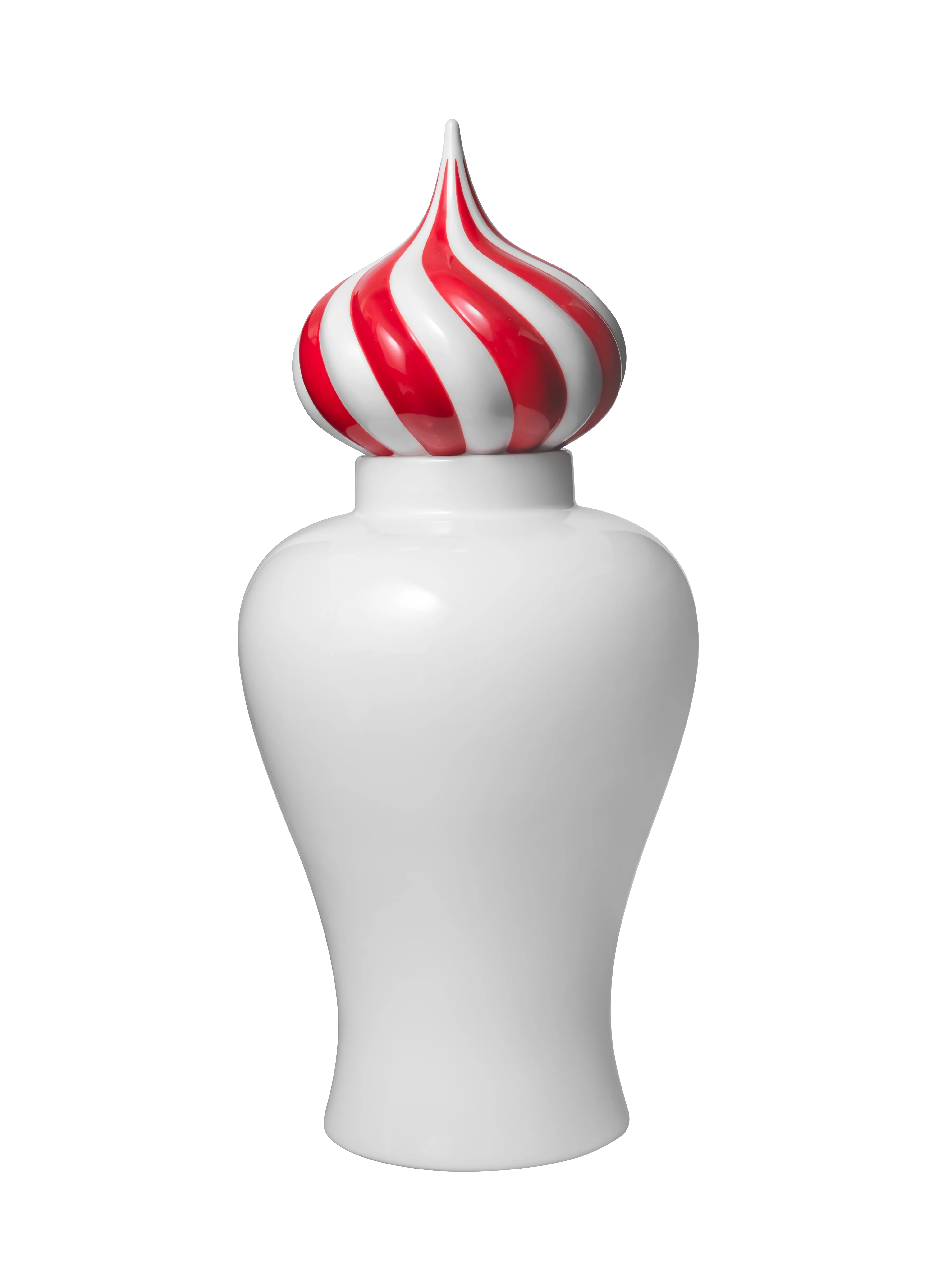 White ceramic jar with a red and white swirled pointed lid.