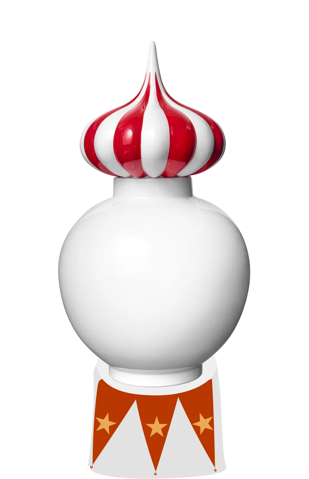 White rounded container with a red-and-white striped onion dome-shaped lid, standing on a red triangular base with yellow stars.