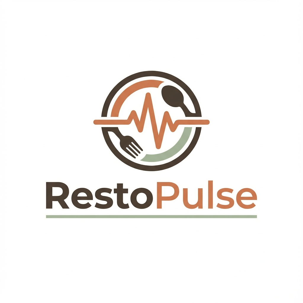 Logo RestoPulse avec un cercle contenant une fourchette, une cuillère et une ligne de pouls orange.