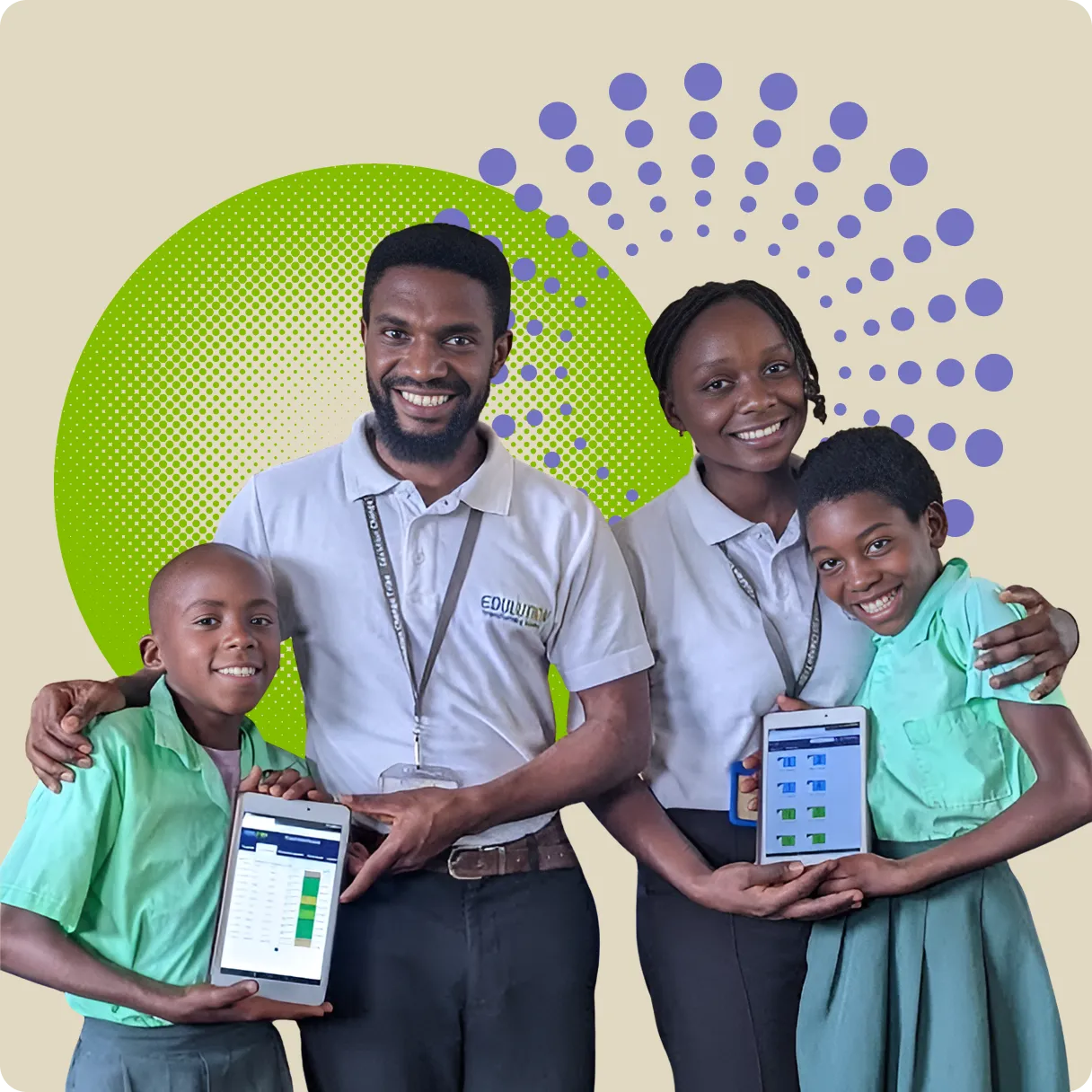 Coaches and students holding up a tablet, showing a completed lesson