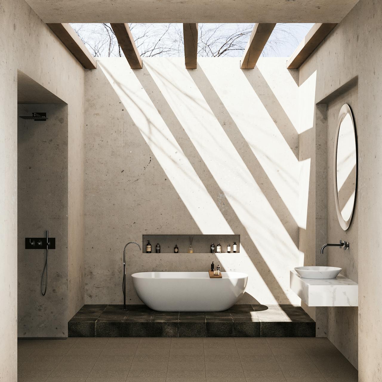 Modern bathroom with freestanding white bathtub on a raised platform, walk-in shower, floating sink with a round mirror, and natural light casting shadows through ceiling beams.