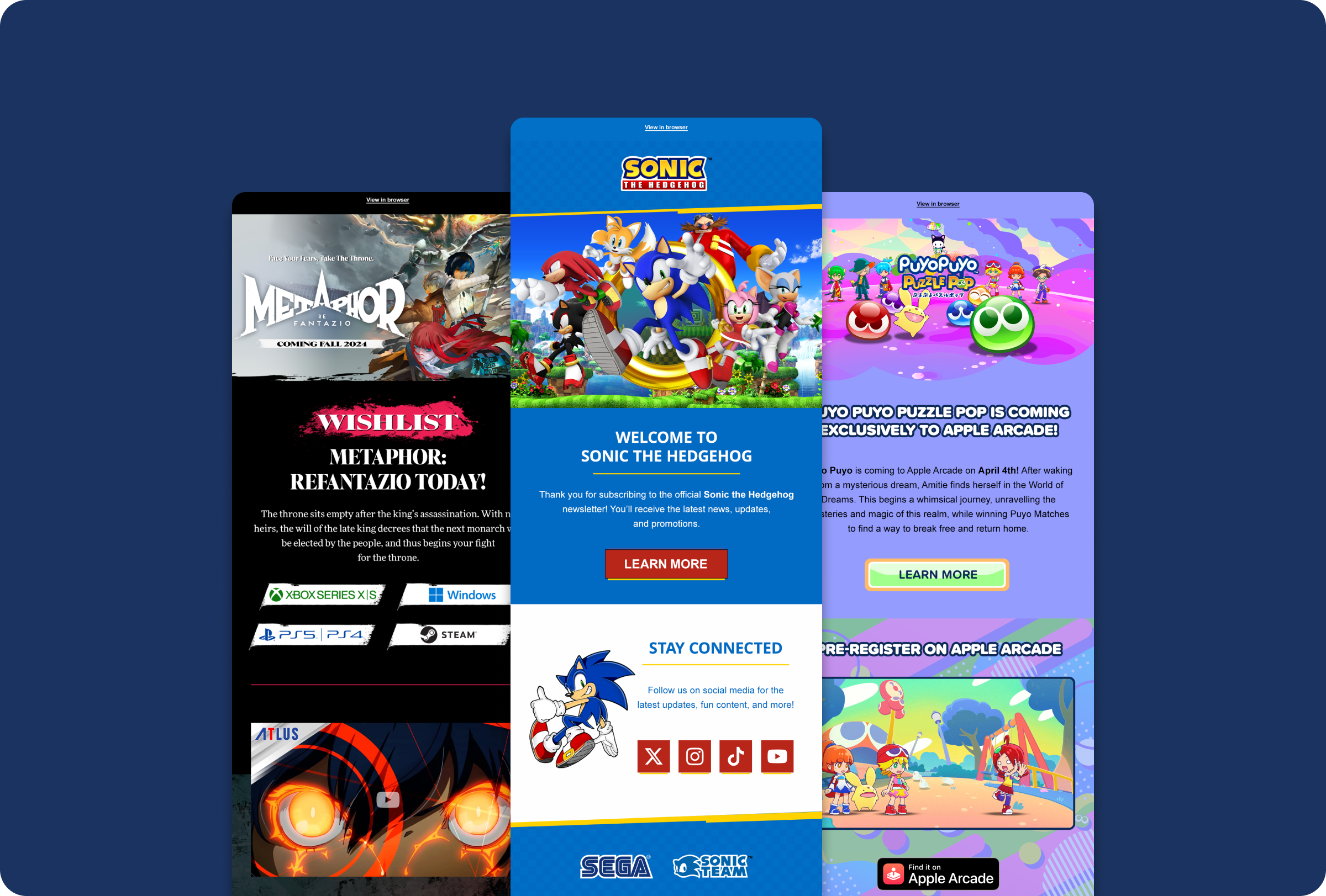 Email newsletter with three panels: left panel promotes the game Metaphor: Refantazio releasing Fall 2024 with game platform logos; center panel welcomes to Sonic the Hedgehog with characters and social media icons; right panel announces Puyo Puyo Puzzle Pop coming to Apple Arcade on April 4 with colorful characters.