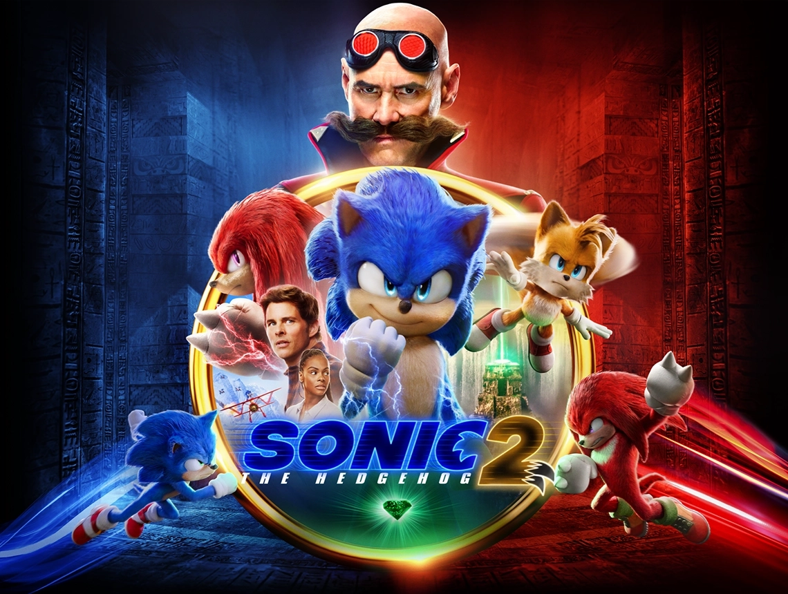 Poster for Sonic the Hedgehog 2 featuring Sonic, Tails, Knuckles, Dr. Robotnik, and others with a mix of blue and red glowing background.