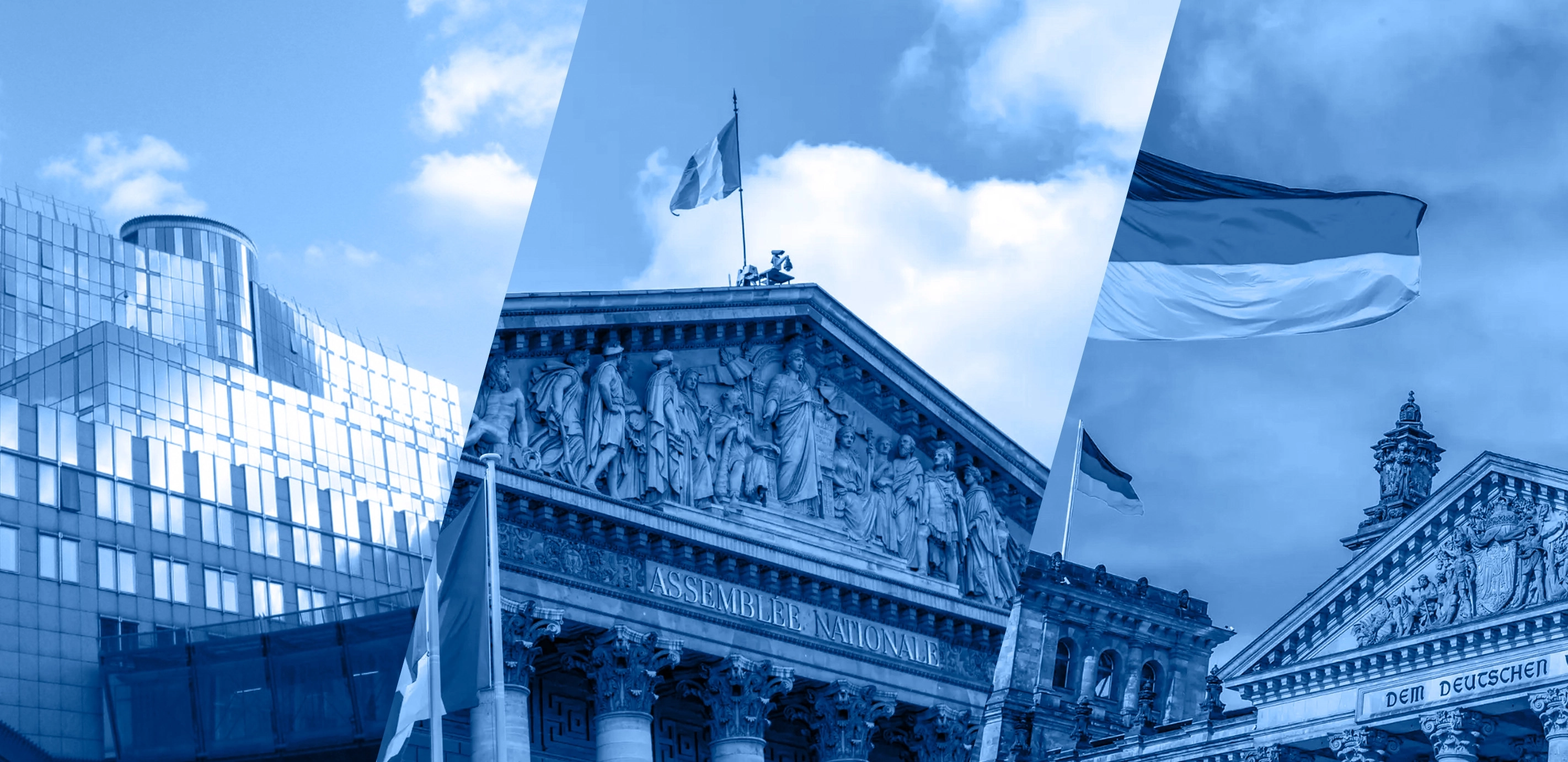 Collage of European governmental buildings with national flags, including the French Assemblée Nationale and German Bundestag.