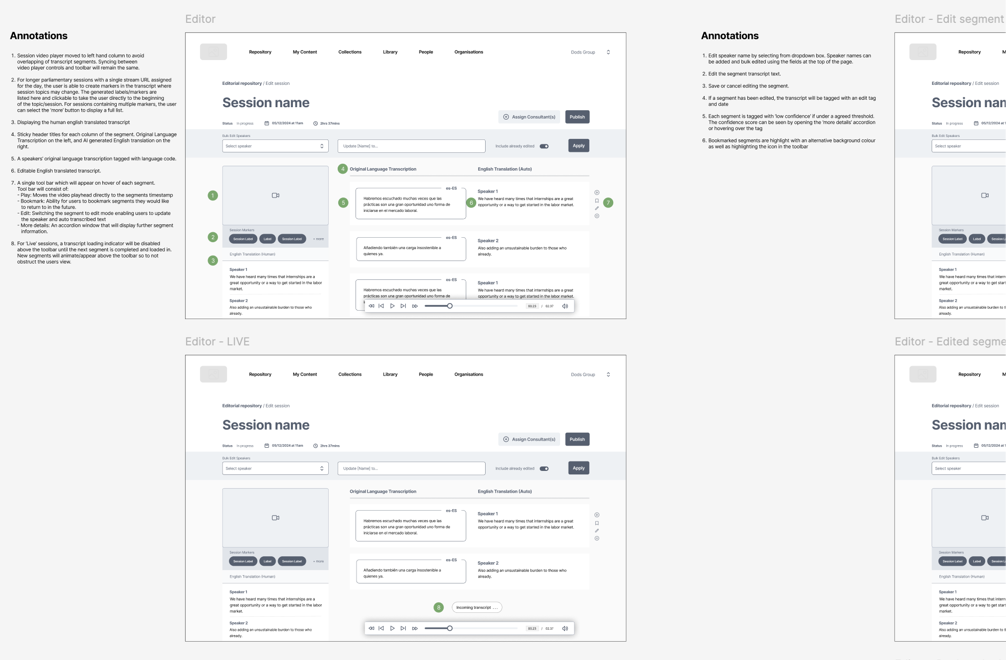 Screenshot of a video transcription editor interface with session name, original language transcription in Spanish, English auto-translation, and annotations detailing session features and editing controls.