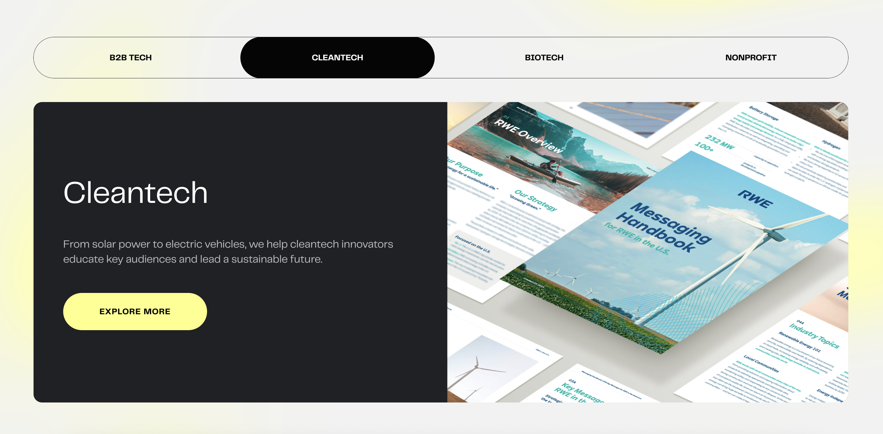Website section highlighting cleantech with text about supporting innovators and an image of RWE messaging handbooks featuring wind turbines and renewable energy topics.