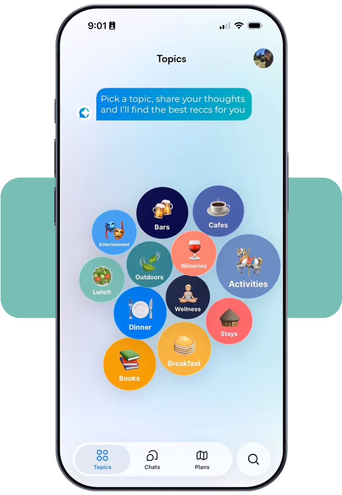 Mobile app screen with colorful circular topic icons like Bars, Cafes, Activities, Dinner, Breakfast, and Wellness.