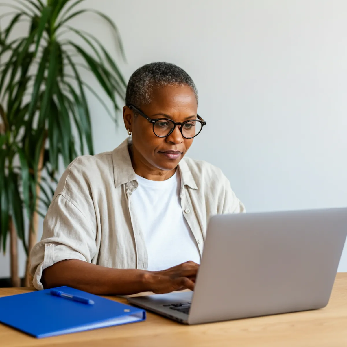 Femme concentrée travaillant sur un ordinateur portable à une table en bois avec un dossier bleu et un stylo.