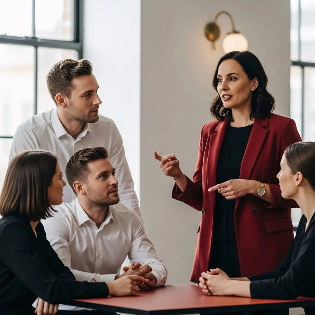 Une femme en veste rouge parle à quatre collègues assis autour d'une table lors d'une réunion en bureau lumineux.