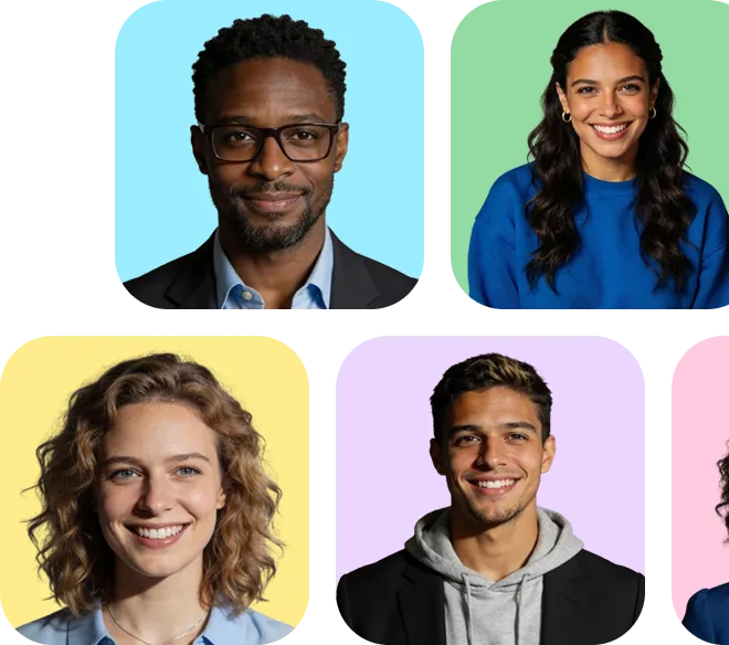 Portraits rapprochés de quatre jeunes adultes souriants sur des fonds colorés unis.