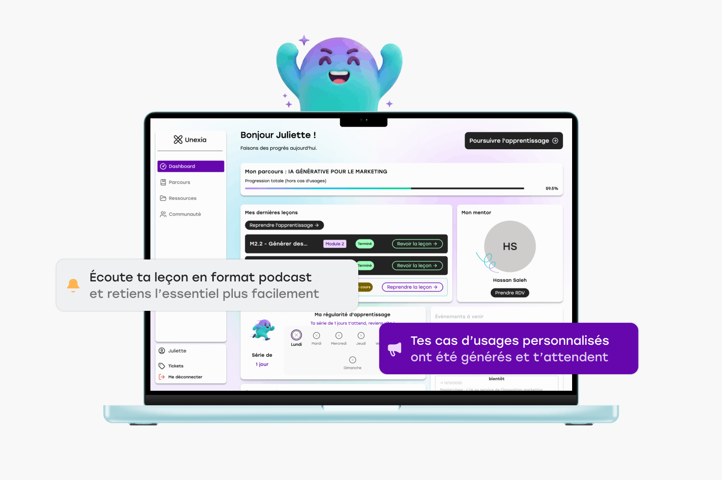 Interface de tableau de bord d'apprentissage sur ordinateur portable avec progression de cours, mentor, notifications de podcast et cas d'usages personnalisés.