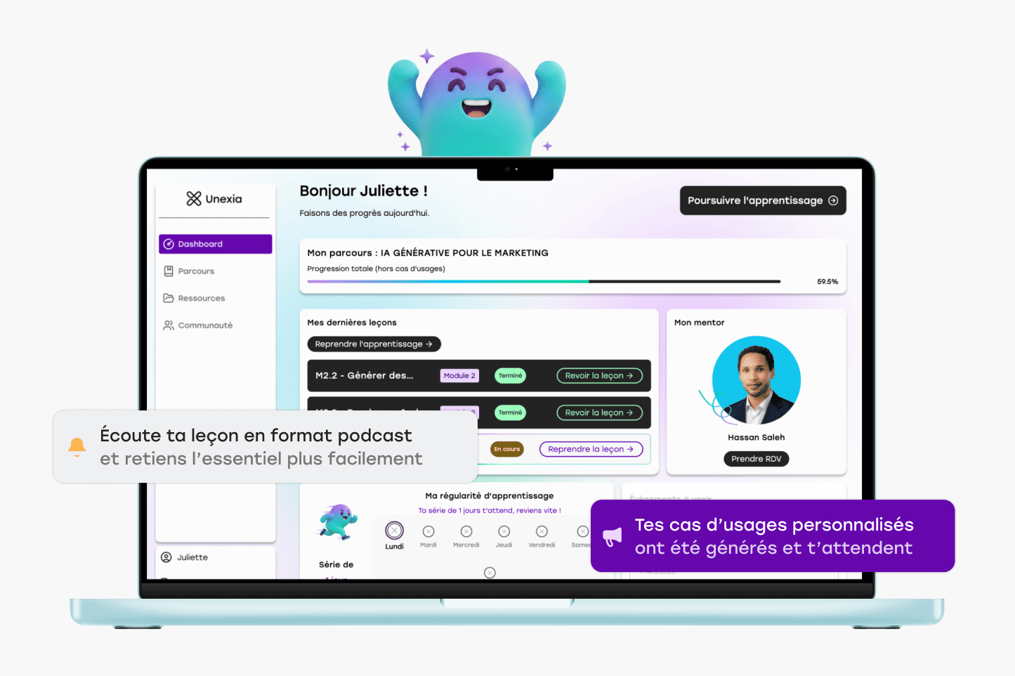 Interface d'apprentissage en ligne personnalisée montrant un tableau de bord avec progression, leçons, mentor et notifications.