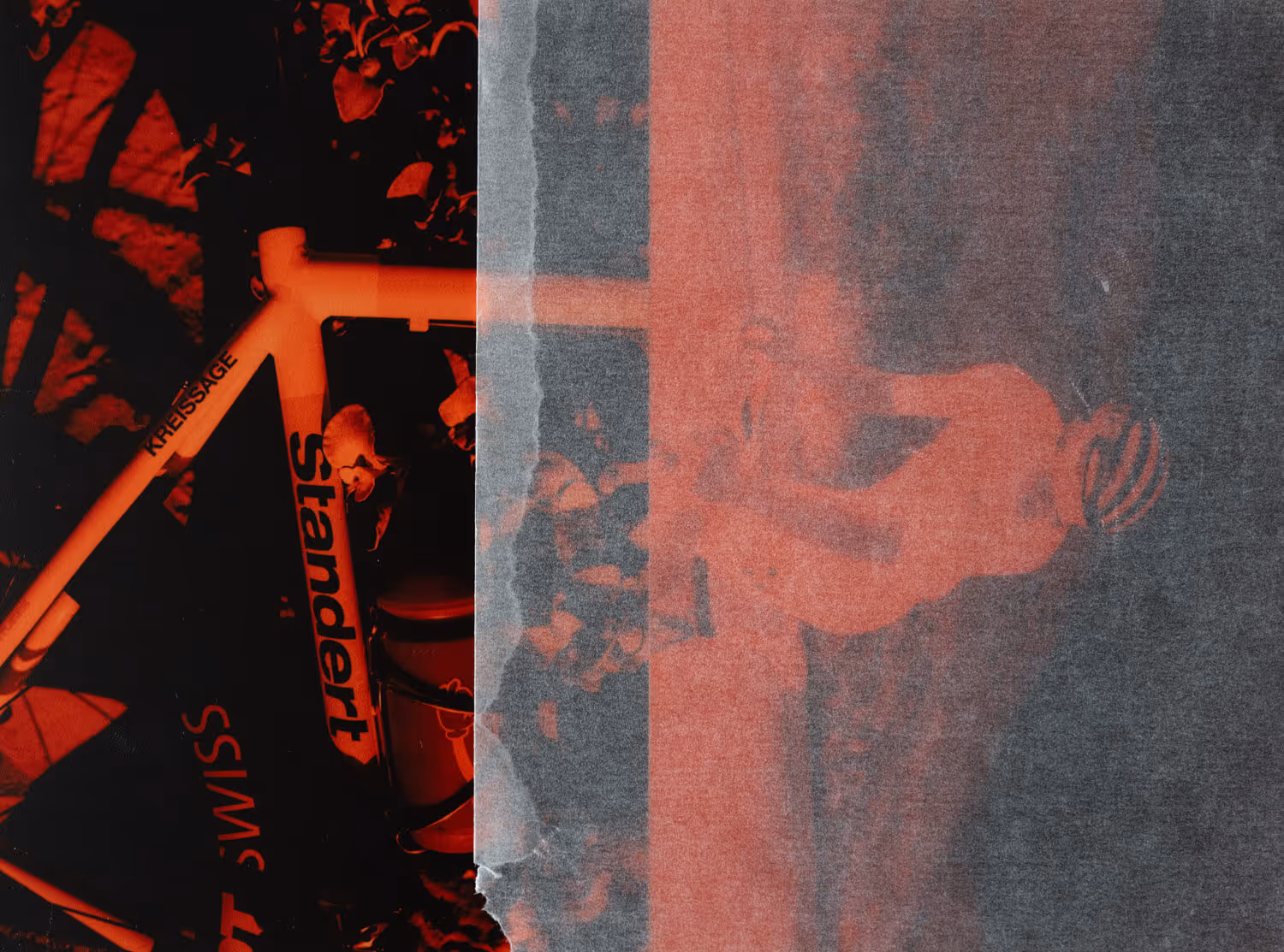 Layered collage of a man on a bike 