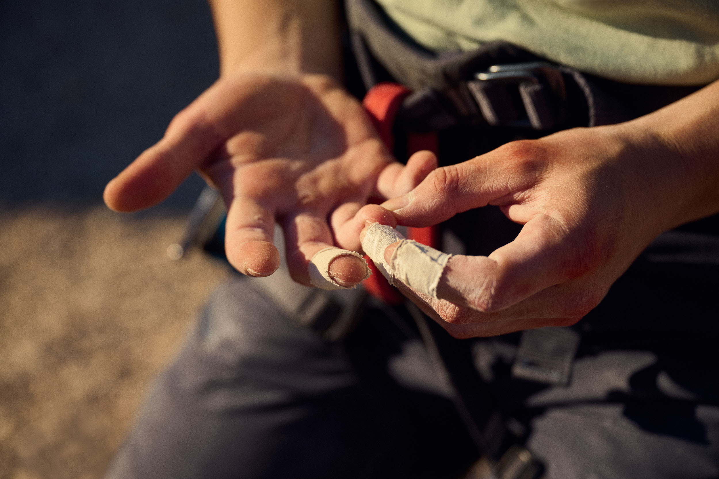 Up close shot of climber's hands