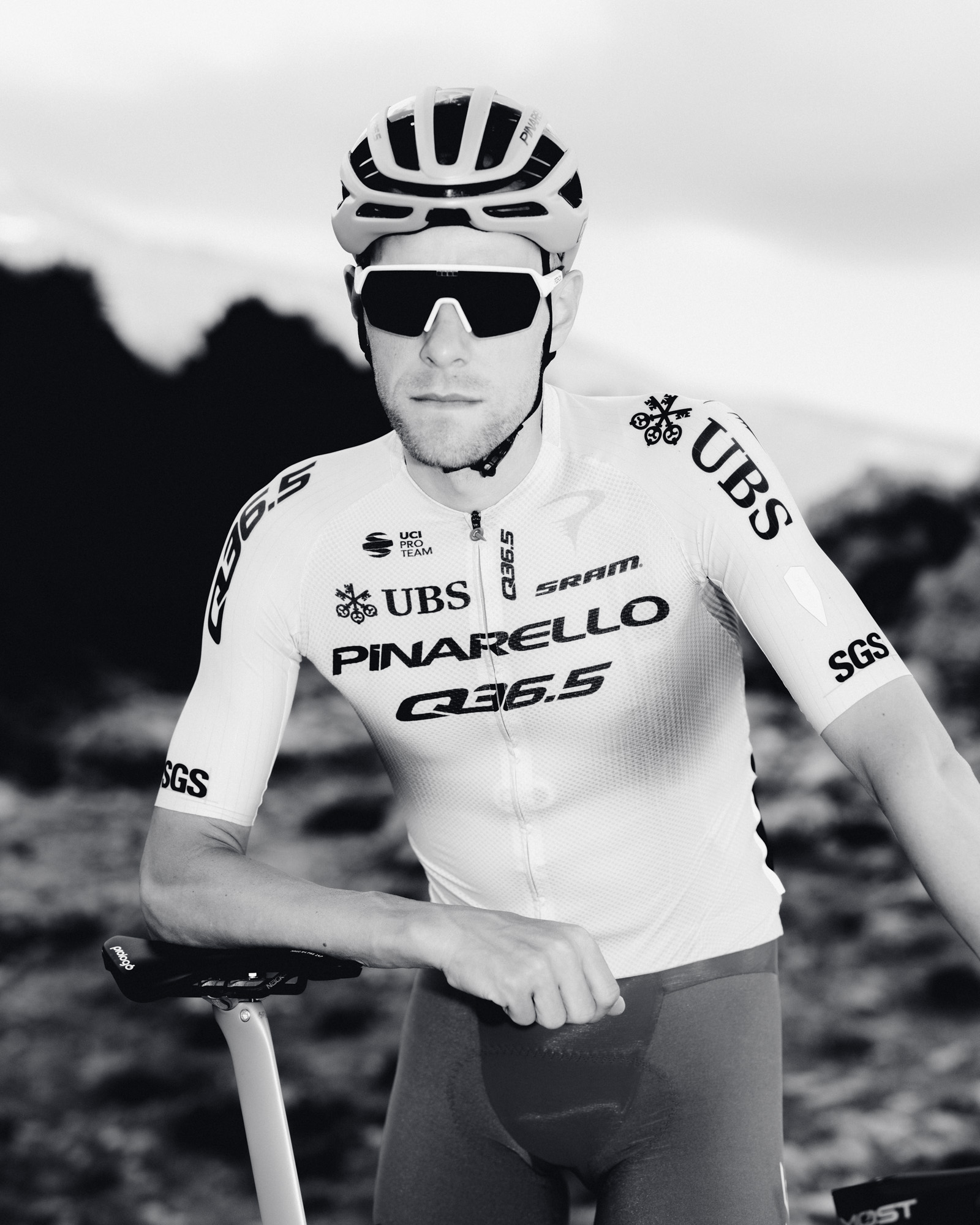 Black and white portrait of cyclist