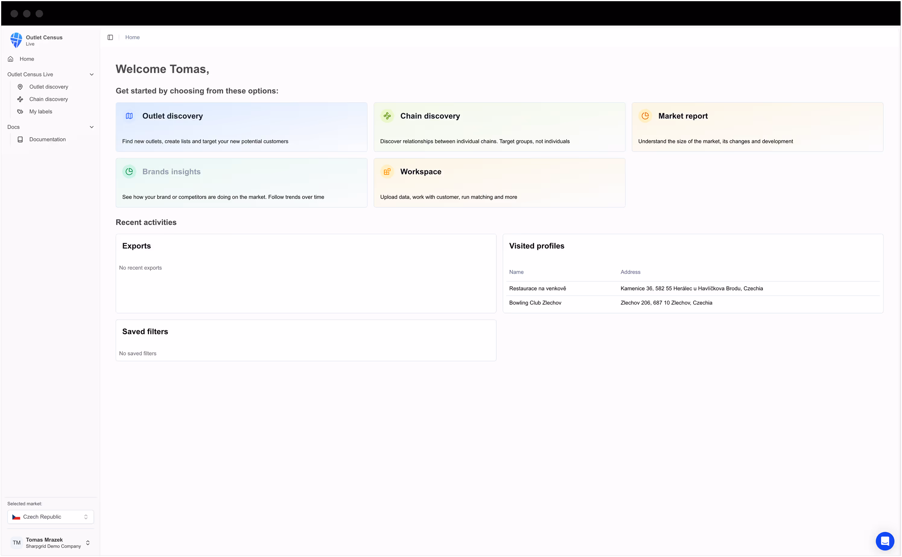 Dashboard interface showing a welcome message to Tomas with options for Outlet discovery, Chain discovery, Brands insights, and Workspace, along with sections for recent activities, exports, saved filters, and visited profiles.