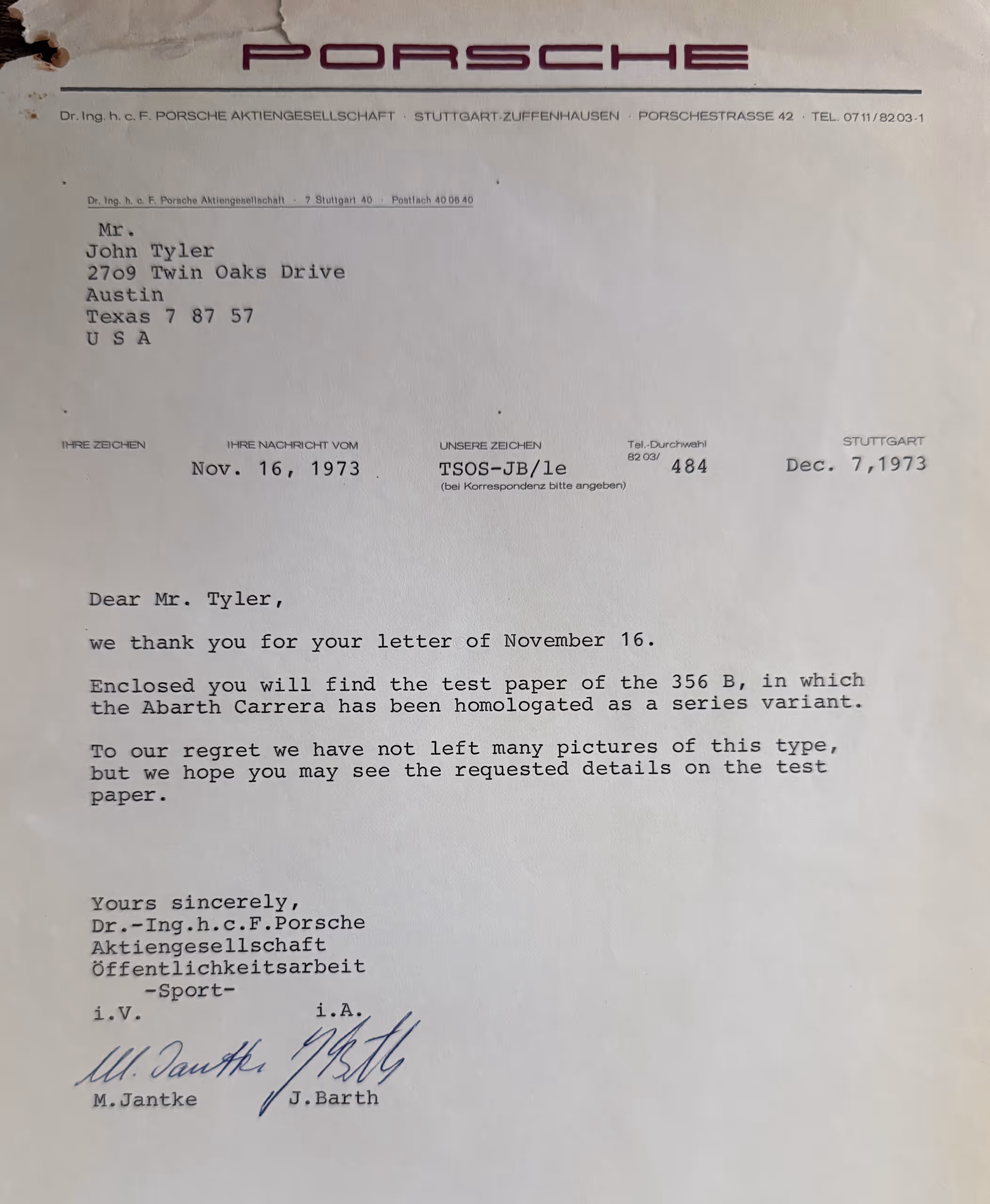 Typed letter on Porsche letterhead from December 7, 1973, addressed to Mr. John Tyler regarding test paper of the 356 B Abarth Carrera.