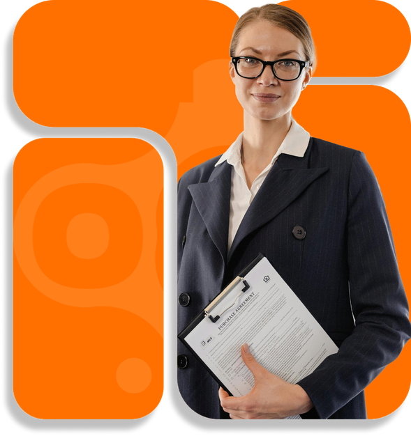 A landlord holding a clipboard in front of orange shapes