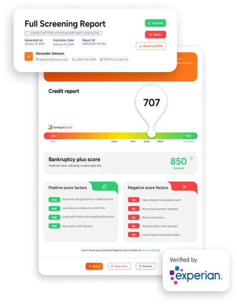 Full Screening Report mockup with a 707 VantageScore dial and Experian verification badge