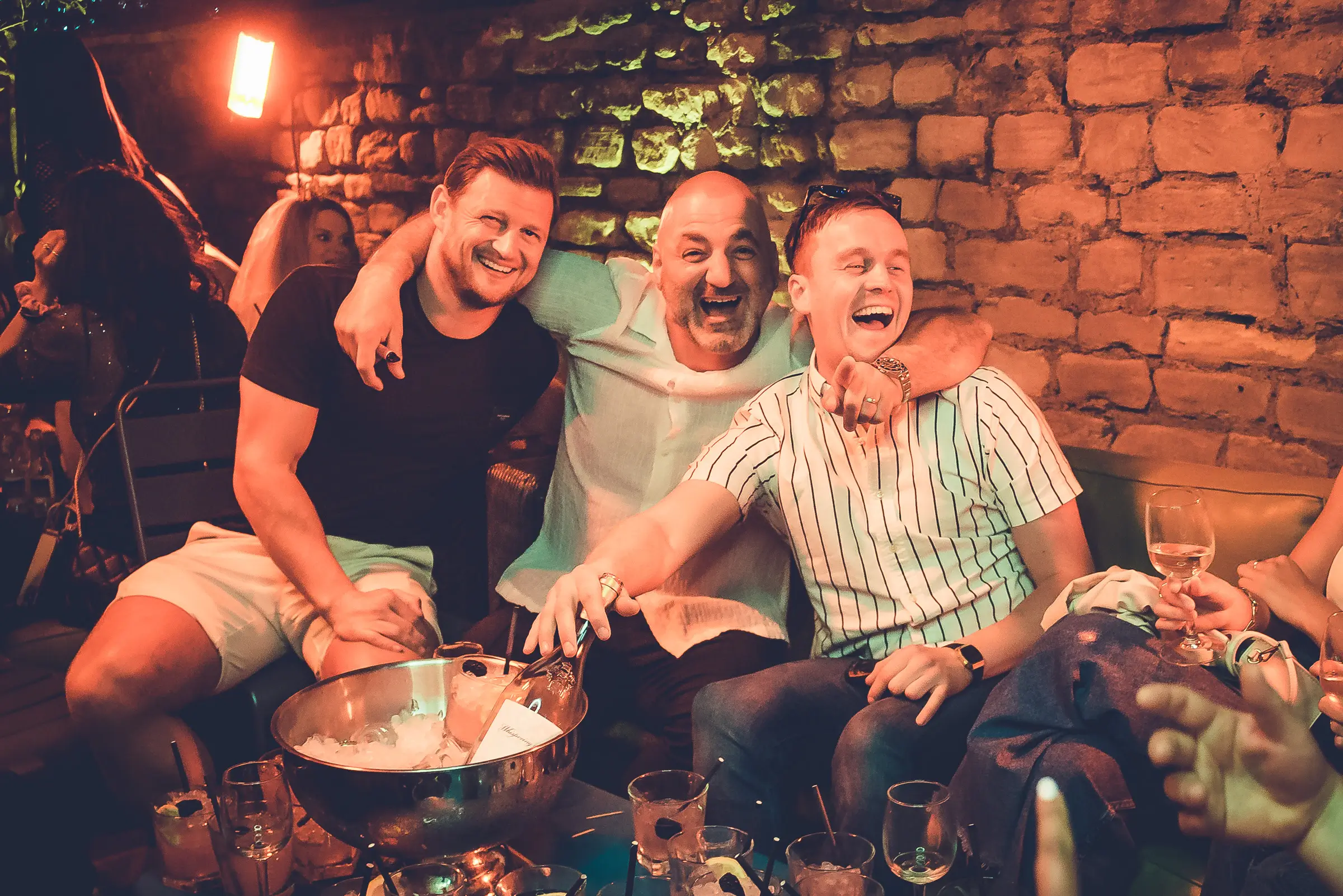 stag do blokes having drinks and cocktails on the heated terrace at Sub 13 in Bath