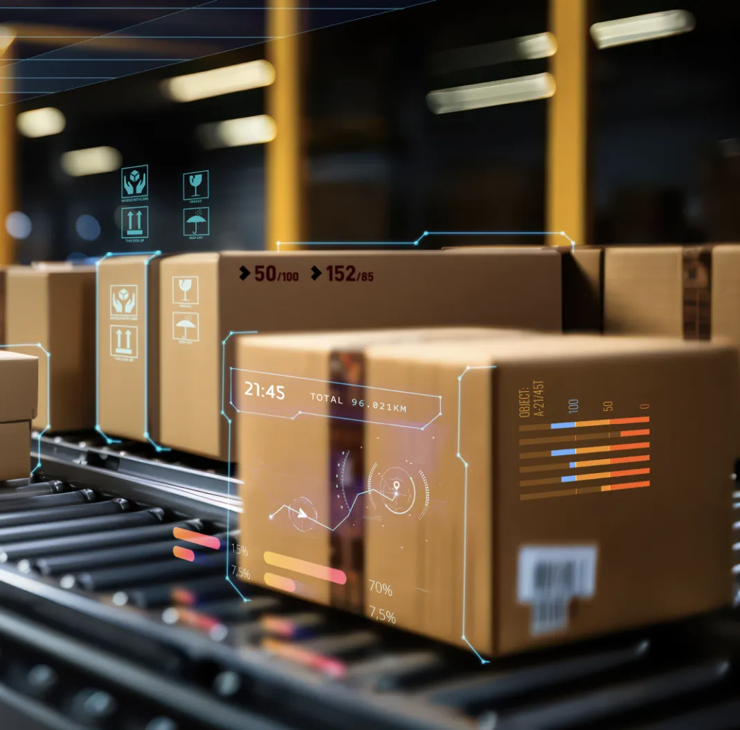 Pudełka na taśmie przenośnika z cyfrowymi wykresami i ikonami logistycznymi.
