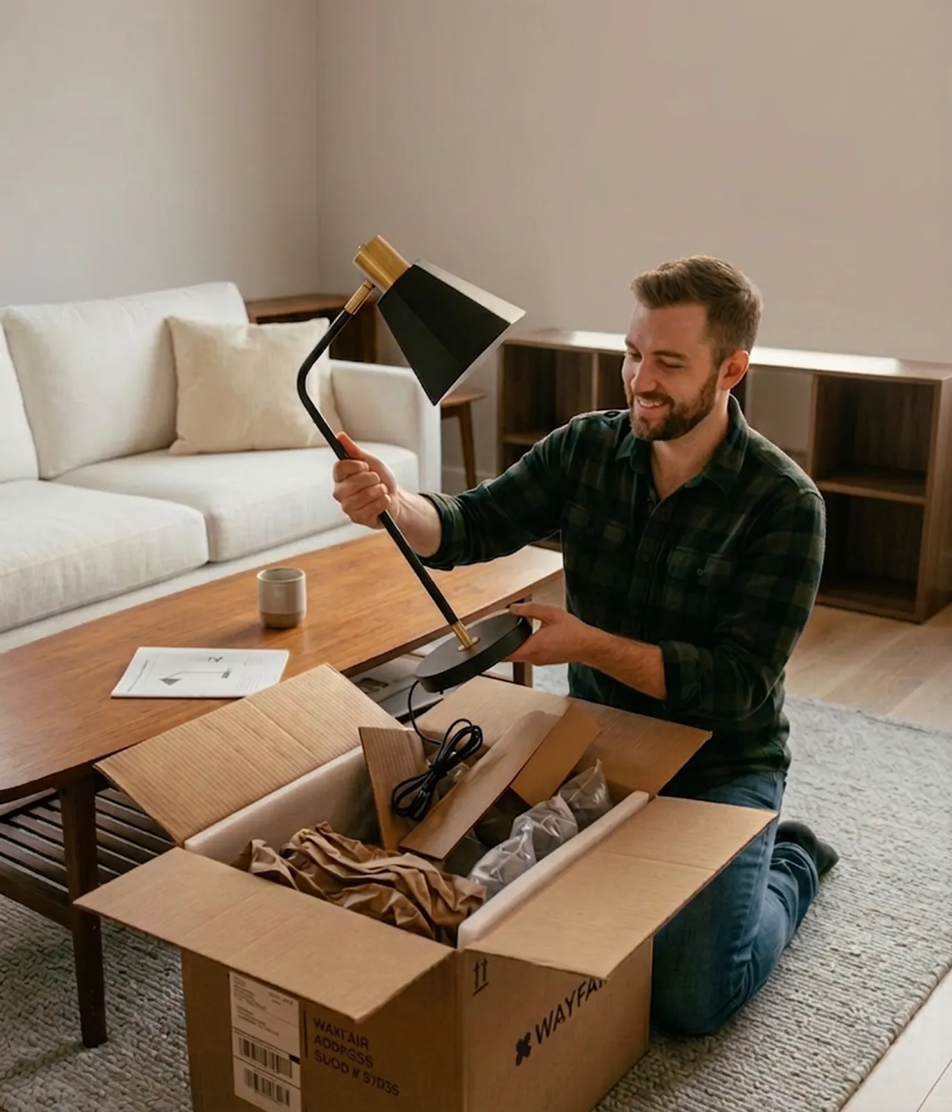 Mężczyzna rozpakowujący lampę biurkową z pudełka marki Wayfair w pokoju dziennym.