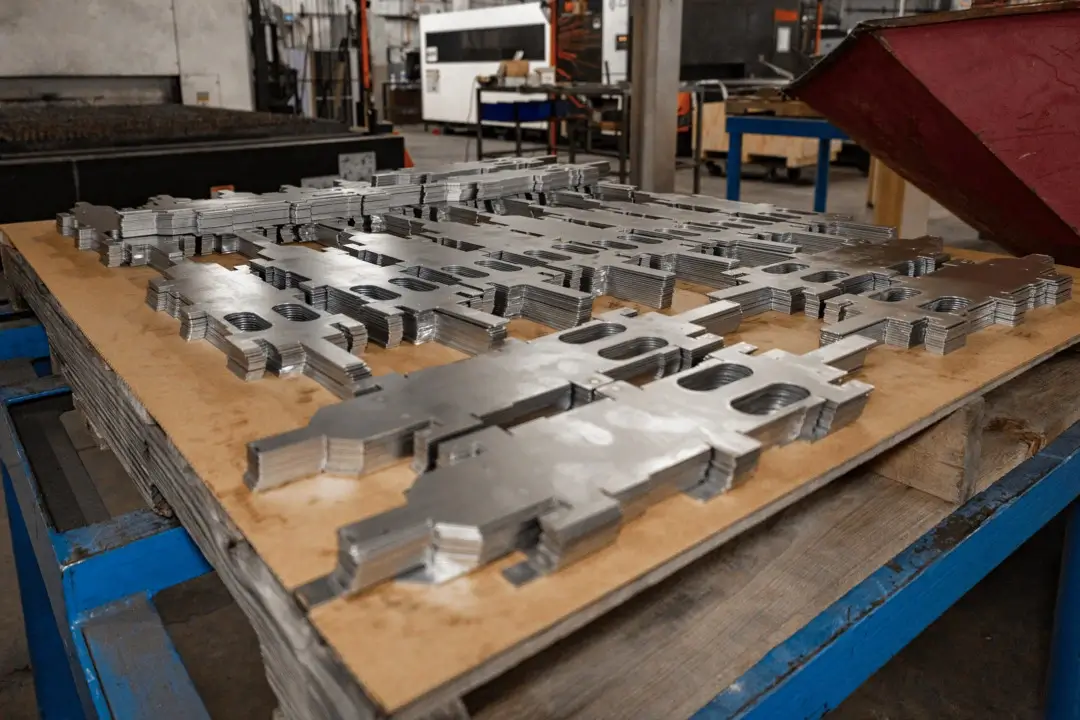 Stacks of precision-cut metal parts on a workbench in a manufacturing shop.