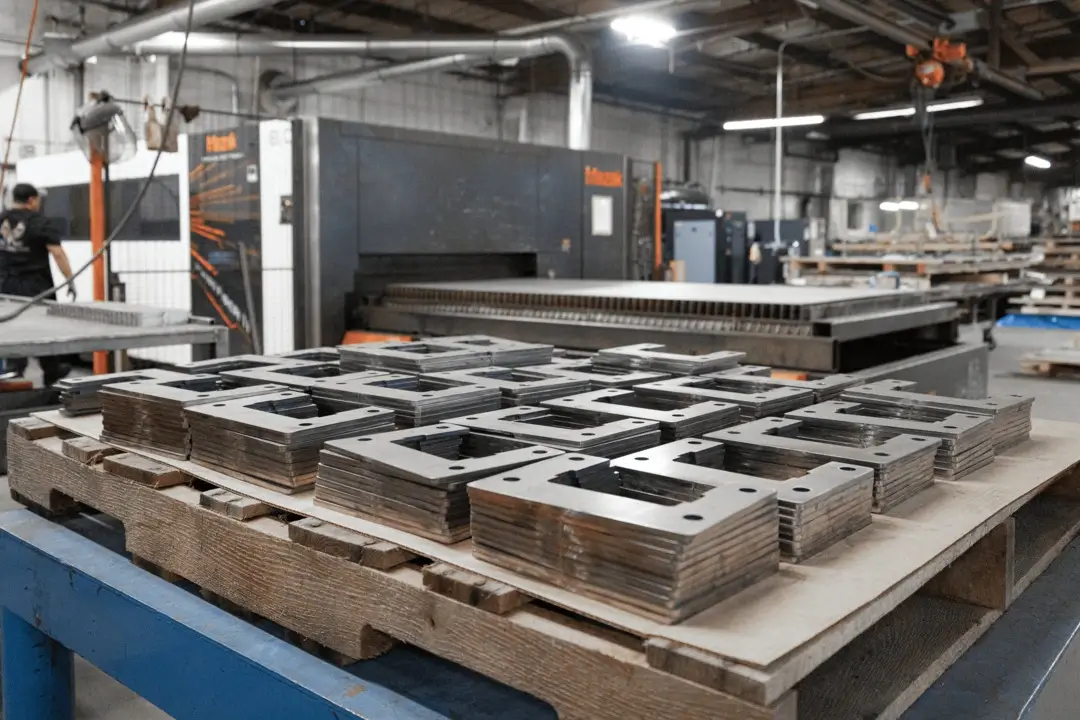 Laser-cut metal plates stacked on a pallet in a factory, with an industrial cutting machine in the background.