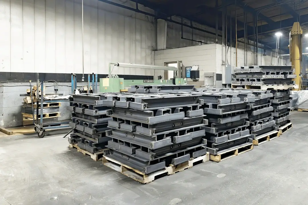 Stacks of finished metal assemblies on pallets in a factory, with industrial equipment in the background.
