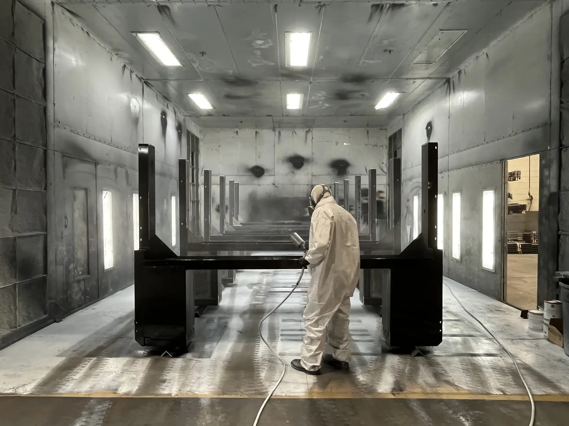 Worker in protective suit and mask painting a large metal frame in an industrial paint booth.