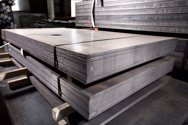 Stacks of large, flat stainless steel sheets bundled and stored on wooden supports in an industrial warehouse.