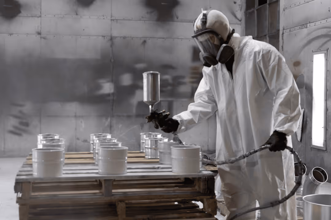 Stacked metal sheets with semicircular cutouts in a workshop or factory setting.