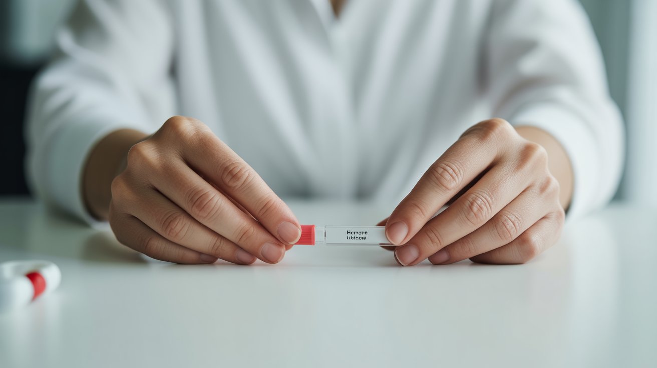 utra realistic hands of a woman holding a hormonal test, light background and medical lighting