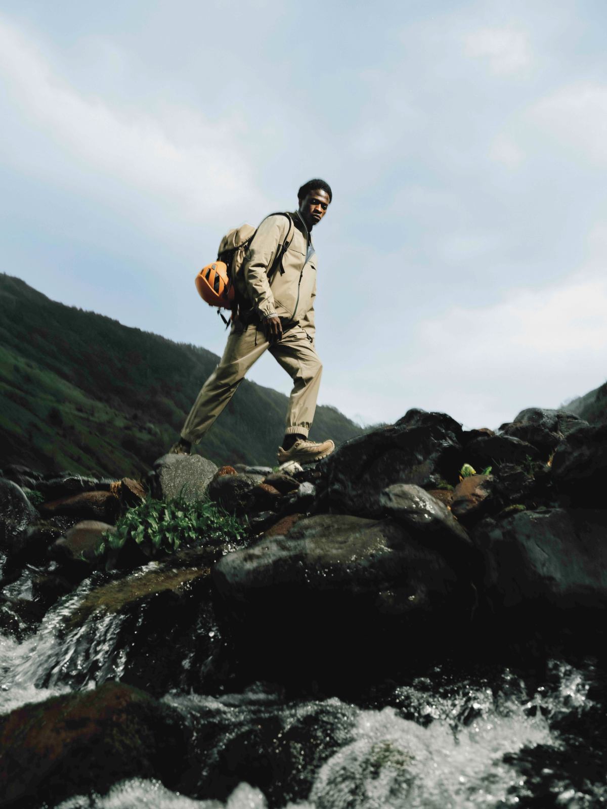 Fashion still from RESH Moncler Grenoble campaign –  wide frame with model in jacket